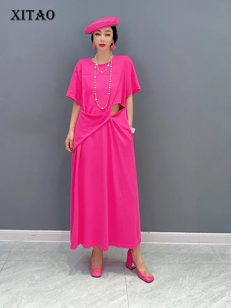 

XITAO Hollow Out Dress Solid Color Small Fresh New Casual Style Pullover Elegant 2025 Summer Minority Loose Dress WLD11144