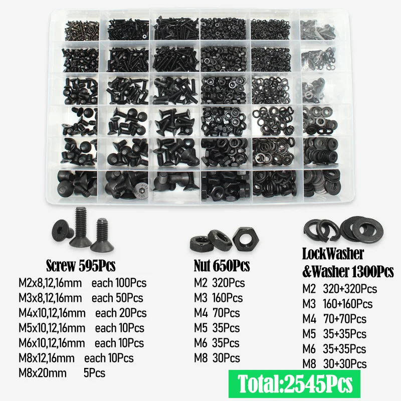 2520/Set schwarze Flachkopf-Innensechskantschrauben, Senkkopfschrauben, Muttern-Set, M2, M2,5, M3, M4, M5, M6, M8, legierter Stahl der Güteklasse 10,9, DIN 7991 – Detail 7