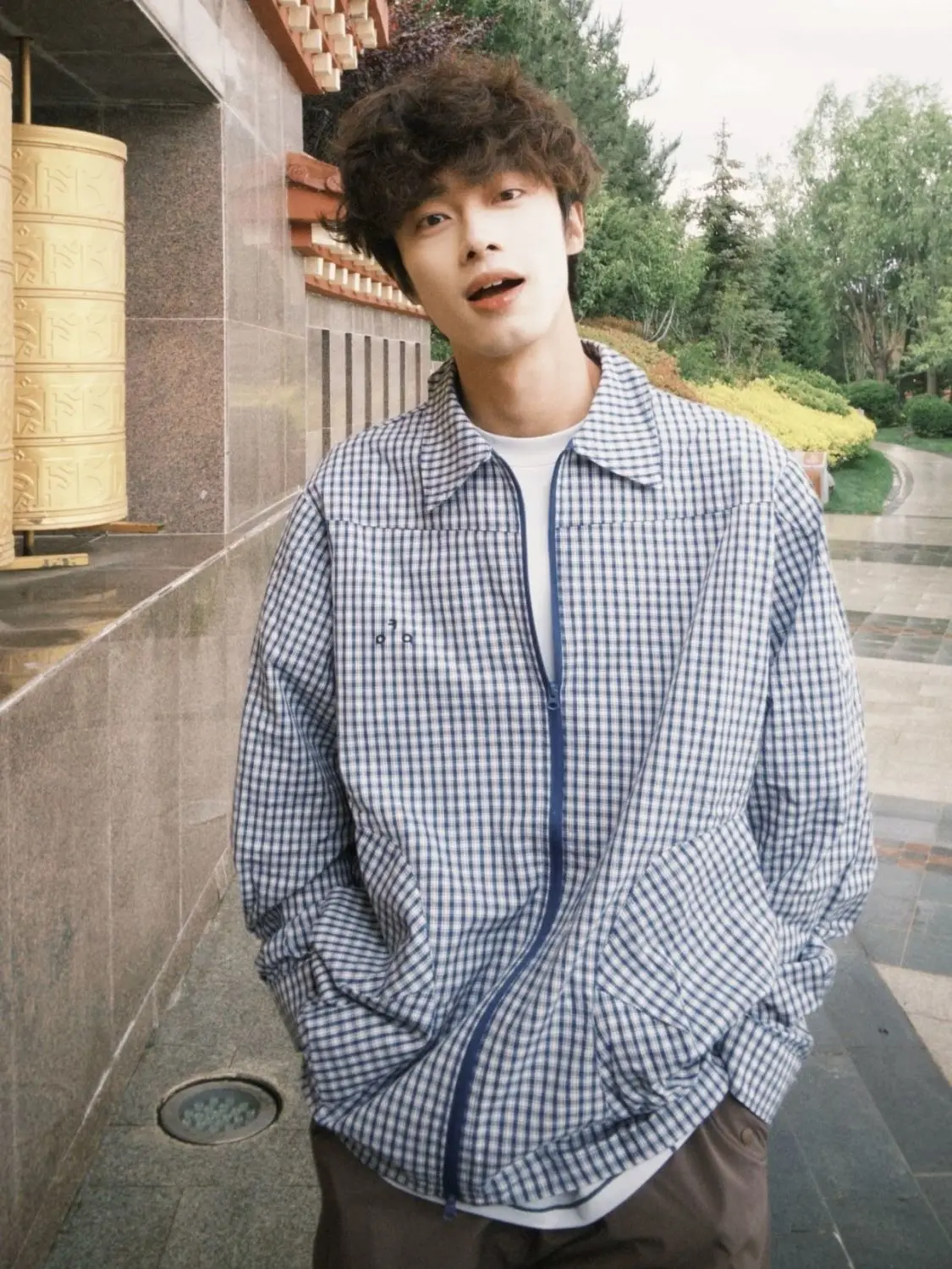 Men Blue Plaid Shacket Zip Up Shirt Jacket Casual Loose Fit Couple Outerwear City Boy Spring Autumn Long Sleeve Top