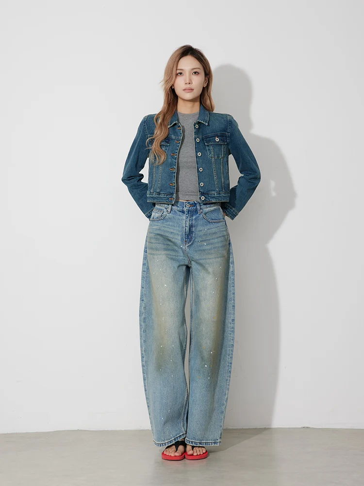 

High Waist Wide Leg Jeans Women's Personality Splashed Ink Dirty Denim Pants Spring New Arrival RUGOSAM Cotton Casual Trousers