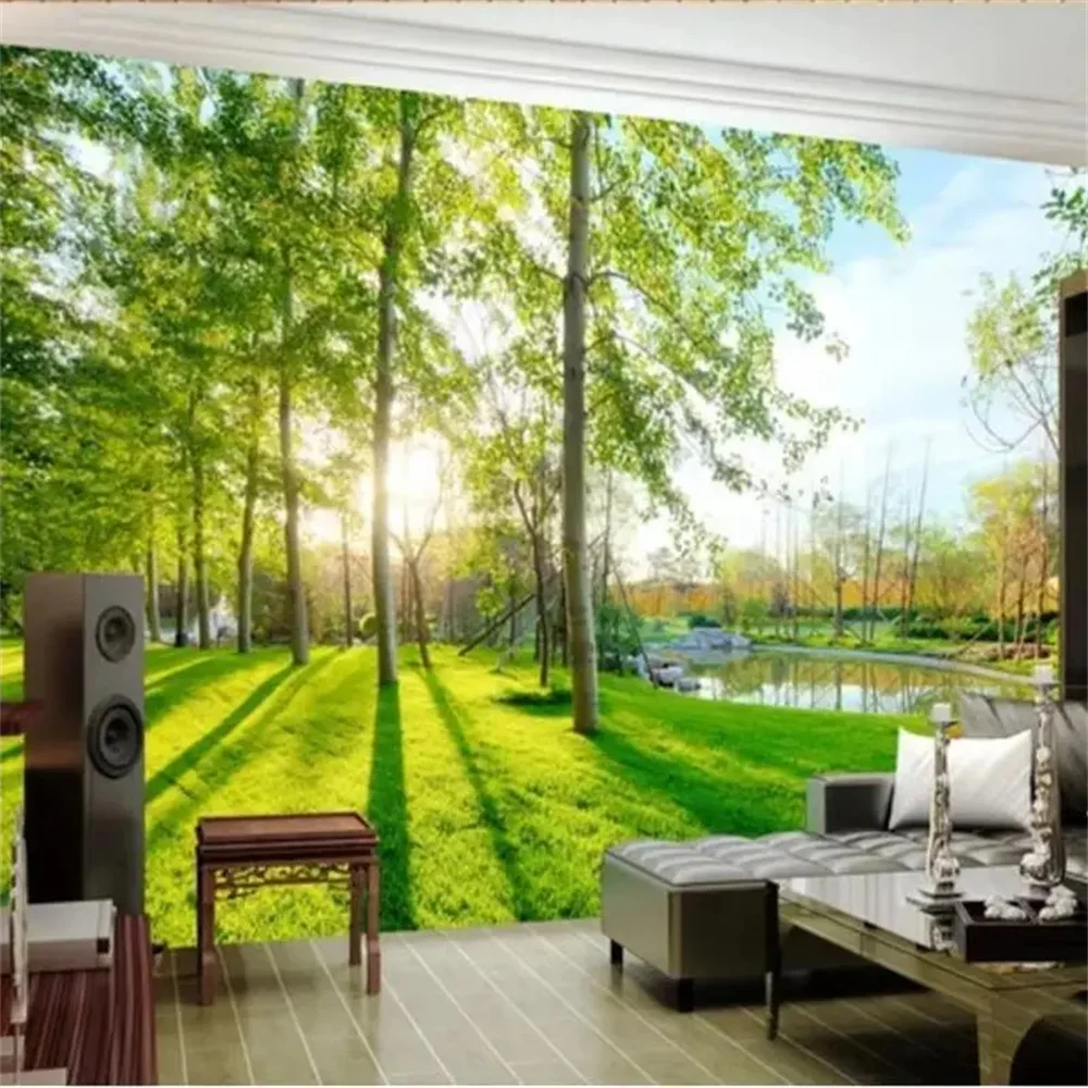 Papel de parede personalizado 3d mural floresta encantada paisagem fundo da parede sala estar hotel cachoeira bambu lótus pavão papéis de parede