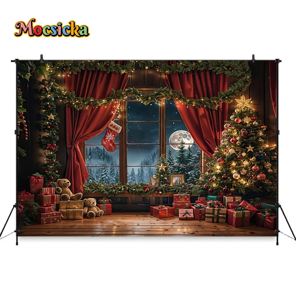 Christmas Window Background Photography New Year\'s Eve Glitter Xmas Tree Red Curtain Backdrop Gift Booth Kids Family Room Photo