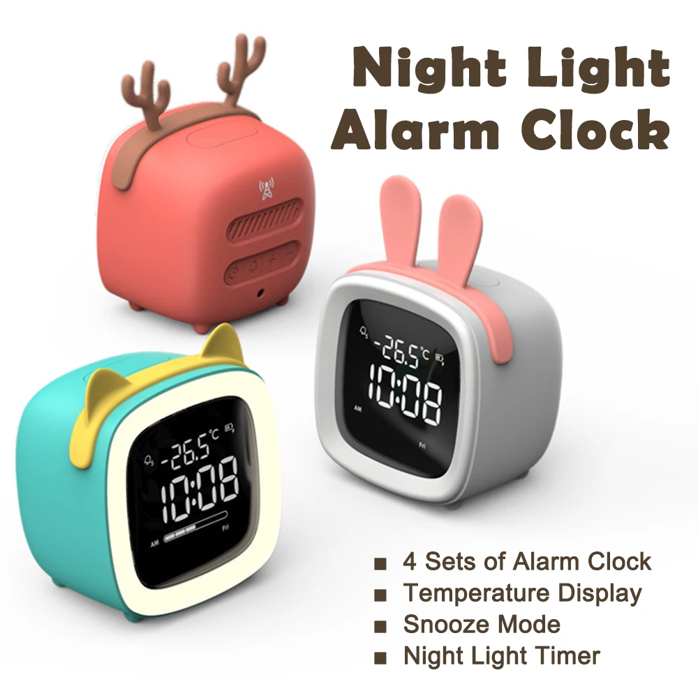 Newest Creative LED Night Light Bedside Alarm Clock Cartoon USB Charging Digital Display Kids Sleep Trainer Wake Up Desk Decor