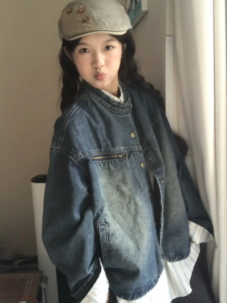 

Джинсовое пальто с золотой молнией, женское весеннее расклешенное двустороннее облегающее пальто на кнопках, регулируемое универсальное с круглым вырезом, шикарное субкультурное пальто для пешего туризма