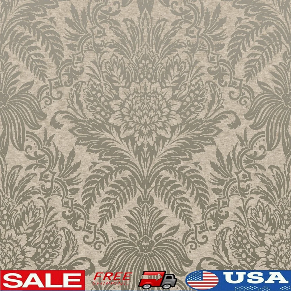 

Традиционные неоплаченные бумажные обои, дамасский дизайн, моющиеся бежевые обои с эффектом льна, 20,5 x 33 фута, 56,4 мкв. фута