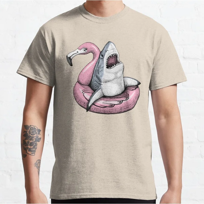 Cute Pool Shark - Ahhh Time to Relax Funny ocean animal Short-sleeve crewneck T-shirt for men large size Adult Tops S-6xl