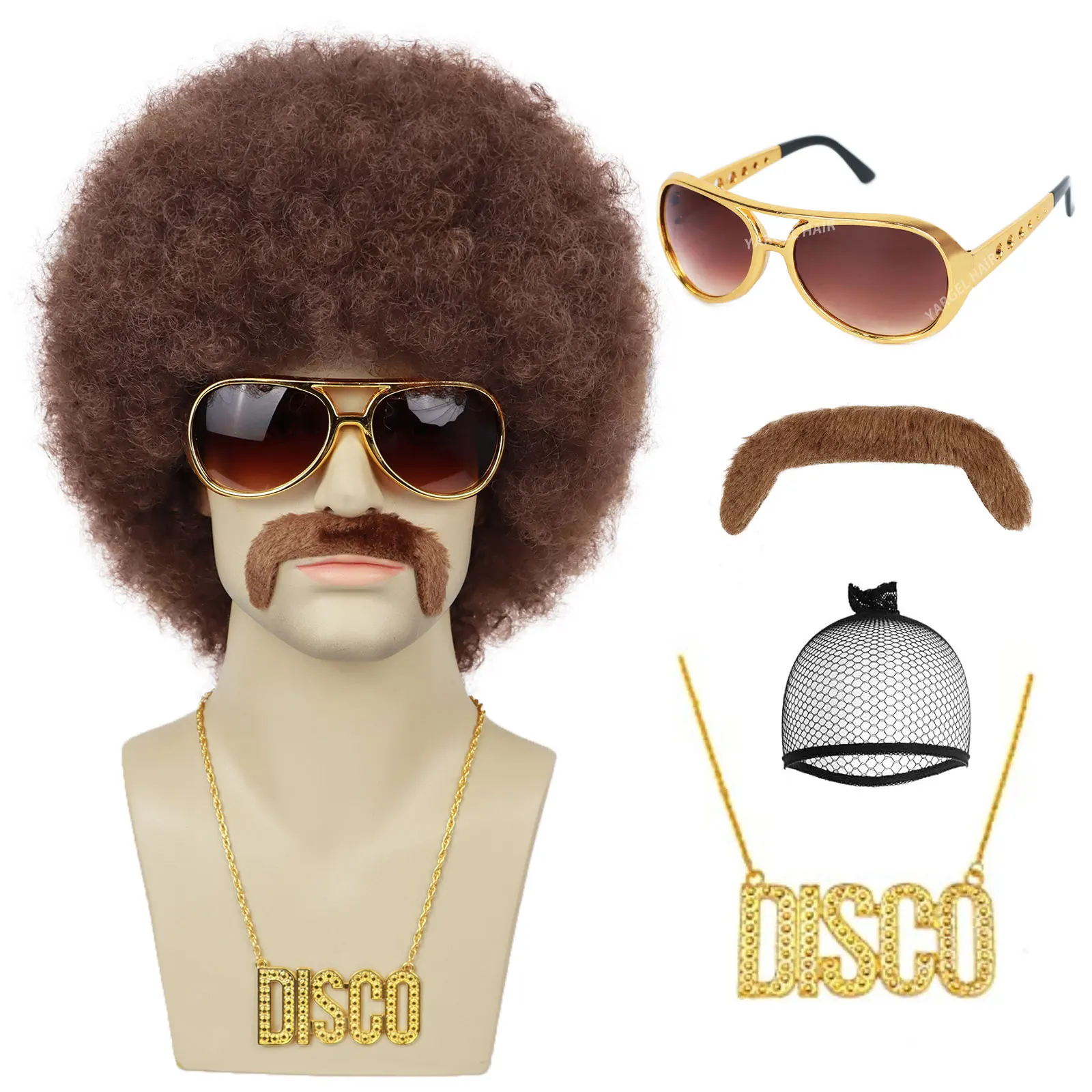 

70s Mens Afro Wig for Rocker Disco Party 5pcs Set Synthetic Afro Puff Wig for 70s 80s Halloween Costume Cosplay Party Use