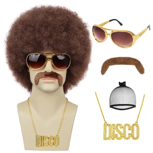 Peluca Afro para hombre de los años 70 para Fiesta Disco Rocker, conjunto de 5 uds., peluca Afro sintética Puff para disfraz de Halloween de los años 70 y 80, uso para fiesta de Cosplay