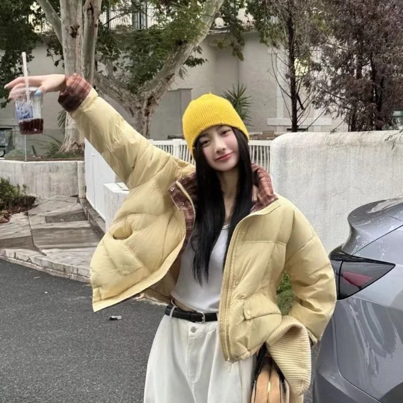 New Down Jacket Warm Stand Collar Patchwork Plaid Cuffs Women's White Duck Down Coat Short Knit Scarf Hat Thick Loose Outerwear