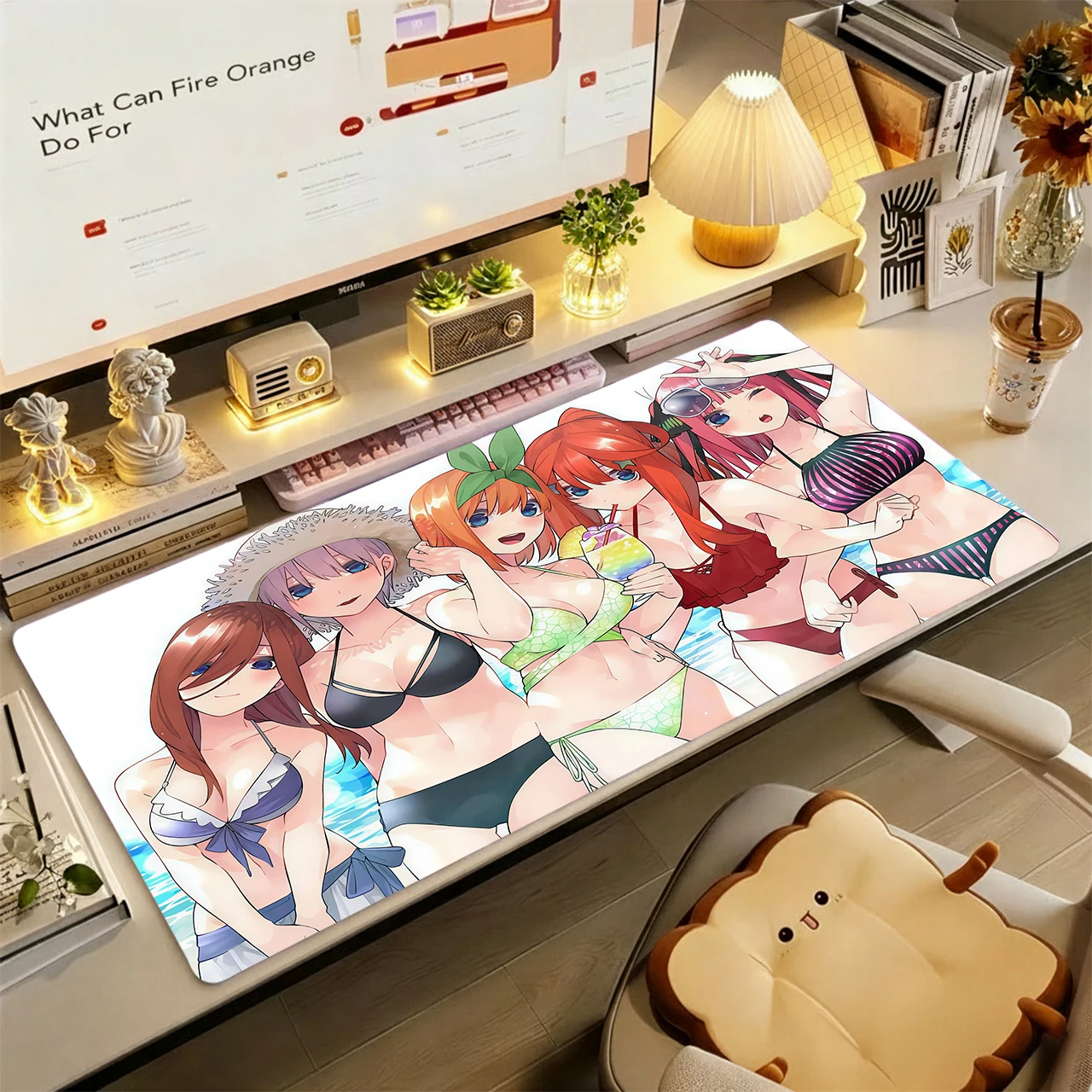Gaming Mouse Pad, XXL Desk Mat, Anti-slip Base, Stitched Edges, Five Anime Girls Bikini Summer Beach Bright Print Table Mat