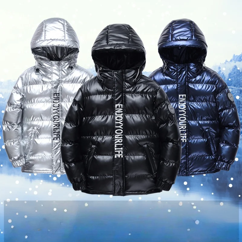 Kids Shiny Winter Thick Warm Cotton Content Coat Children Outdoo Garment 6-18Y Teenager Boys Windproof Waterproof Padded Outwear
