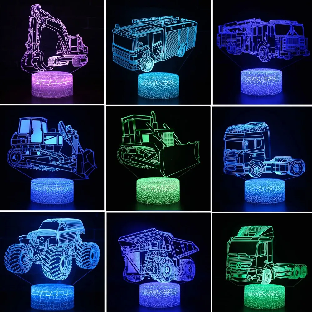 Car,Truck,Tractor,Excavator 3D Night Light LED Touch Illusion Table Lamp Baby Bedroom Decor Gift Lamps for Christmas Birthday