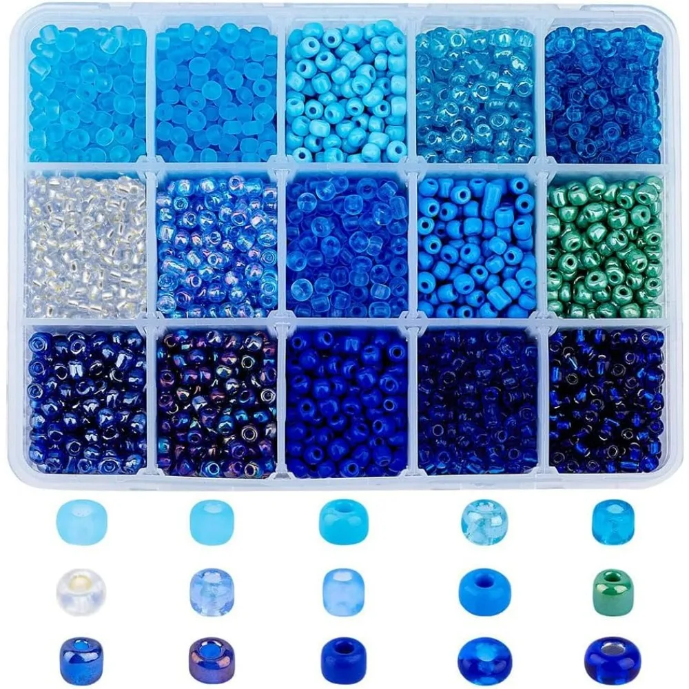 15 Colors 6/0 Glass Seed Beads, About 3000 Pcs 4mm Blue Round Pony Beads Mini Spacer Loose Beads for Jewelry Design Necklace