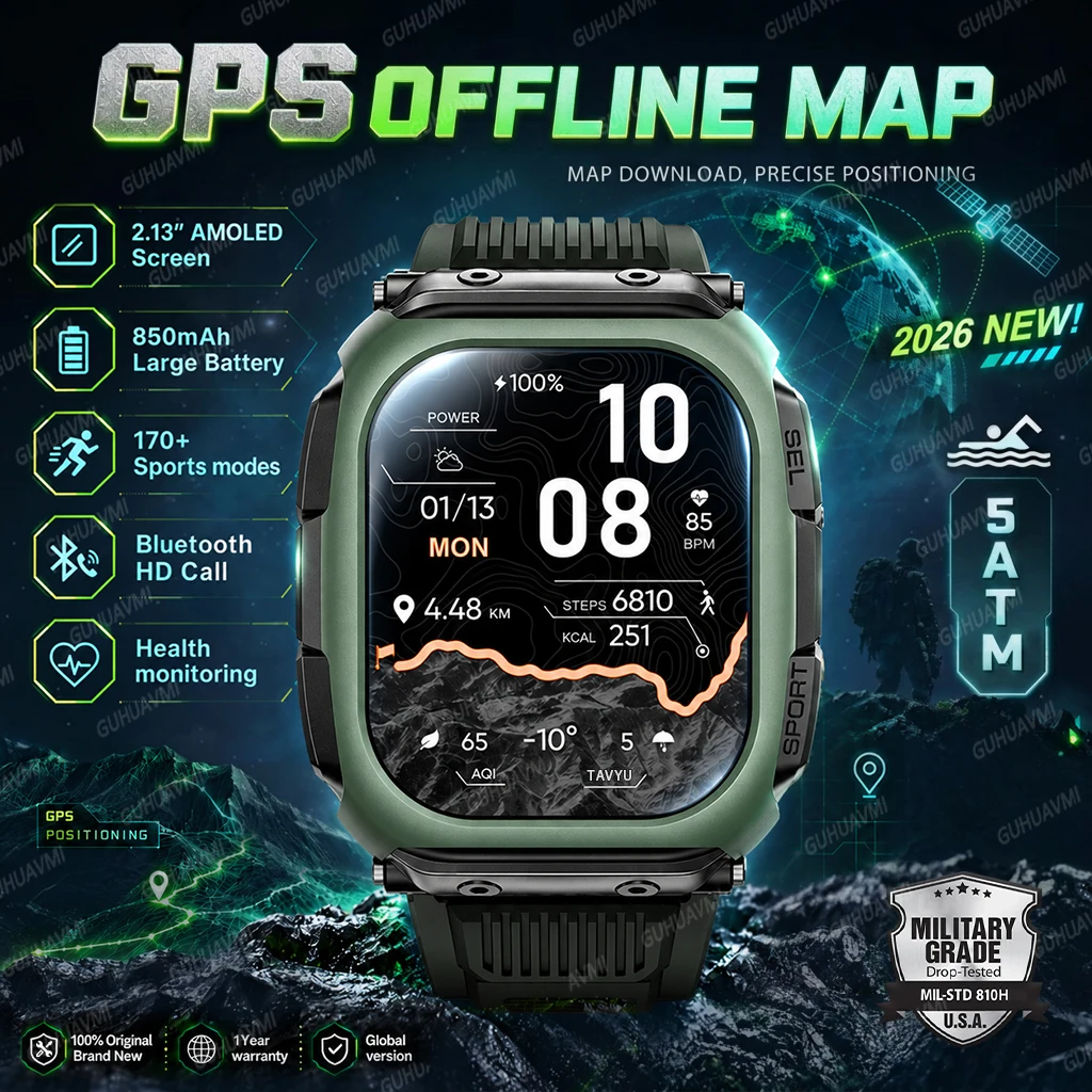 2026 New Military Smart Watch Built-in GPS Offline Map Bluetooth Call 5ATM Swim Music Altitude Compass Fitness 170+ Sports Brace