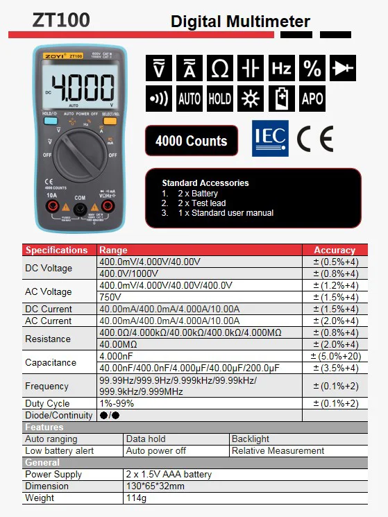 ZOYI Digitales Multimeter Amperemeter Voltmeter Widerstandsmessgerät Frequenzmesser mit Hintergrundbeleuchtung Spannungsmesser Diodentester ZT98 ZT100 ZT101 ZT102 – Detail 3