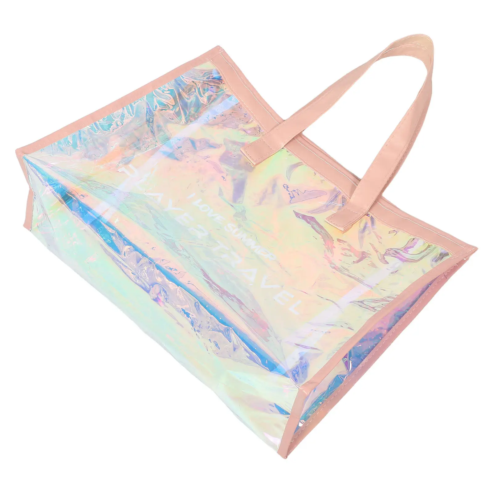 Holographic Clear Tote Bag – Iridescent TPV Waterproof Beach Handbag with Inner Pocket & Zip Closure