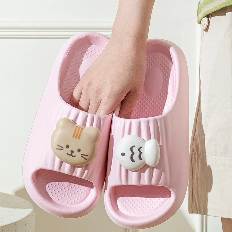 Pink Cute Cat Soft Sole Home Slippers Women Summer 2026 Comfortable EVA Thick Bottom Indoor Sandals Girl's Slip On Beach Slides