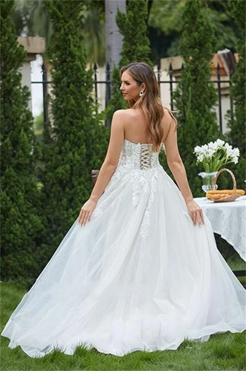فساتين زفاف مخصصة بدون حمالات للعروس من التول مزينة بثوب حفلة للنساء فستان زفاف رسمي طويل