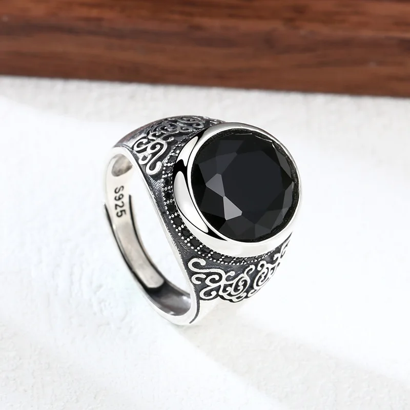 

S925 Sterling Silver Black Zircon Adjustable Ring Punk Style Old Process Ribbon Vine Free Size Women Fine Jewelry FYRNG170