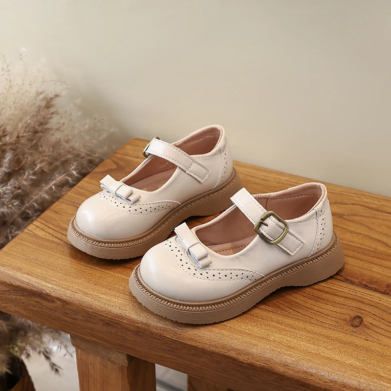 

Girls Leather Shoes with Simple Bows Kids Casual Flats Soild Color Versatile 2026 New Fashion Children Princess Shoes Round Toes