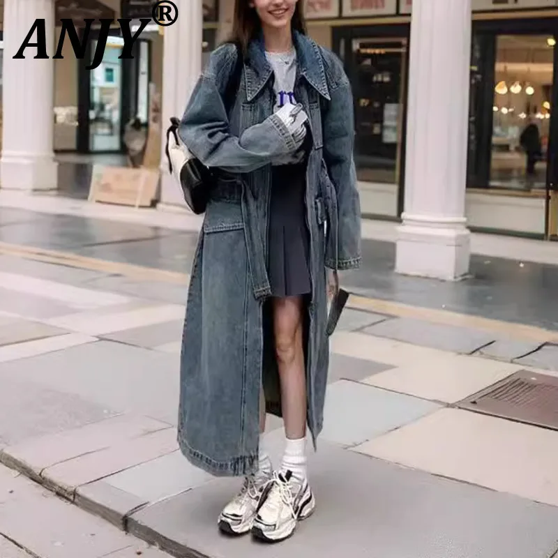 

ANJY Autumn Winter New Women American High-End Fashion Street Style Denim Trench Coat Trend Sashes Casual Slimming Jacket A13533
