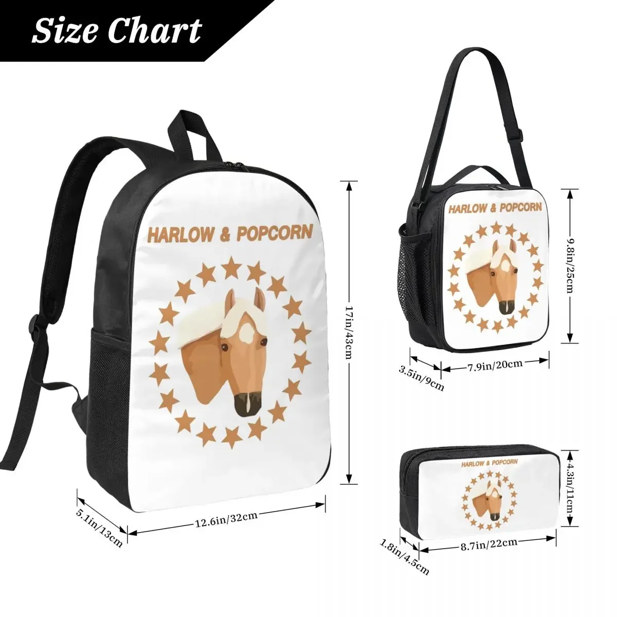 Harlow And Popcorn Merch Popcorn The Pony Backpack BookBag School Bag Computer Shoulder Bags 3ps Insulated Lunch Bag Pencil Case