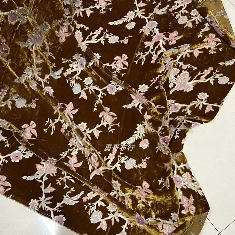 Caramel Silk Etched-out Velvet Fabric Flower-like Slightly Transparent Draping Comfortable Shirt Dress Cheongsam Fashion Cloth