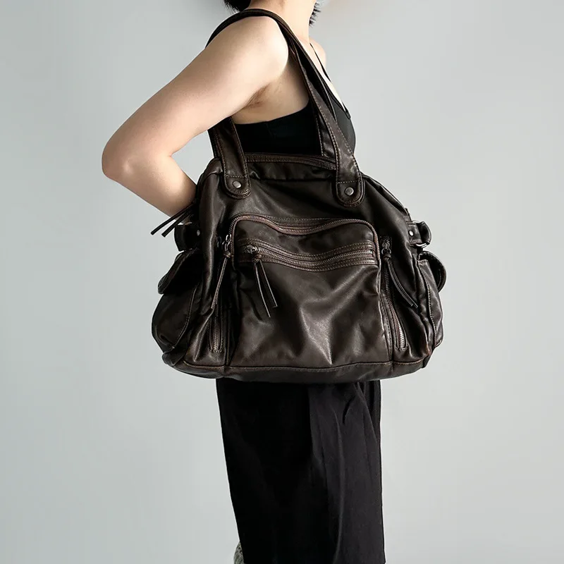 Women Vintage PU Leather Shoulder Bag Multi Pockets Soft Hobo Bag Casual Large Capacity Crossbody Handbag