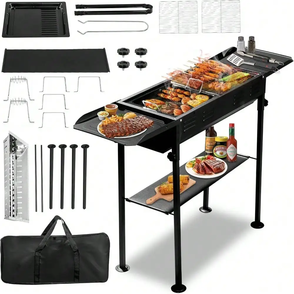 Portable Charcoal Grill, Foldable Barbecue Grill with Storage Shelf and Carry Bag