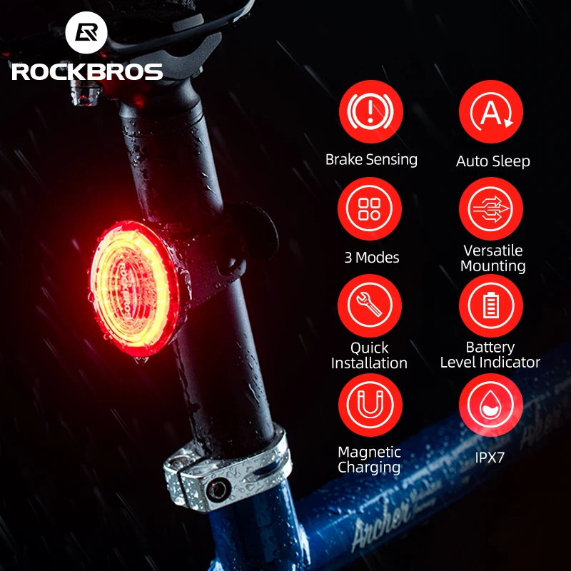 

ROCKBROS Bike Rear Light Bicycle Smart Auto Brake Sensing Magnetic Rechargeable lPx7 Waterproof LED MTB Road Bike Taillight