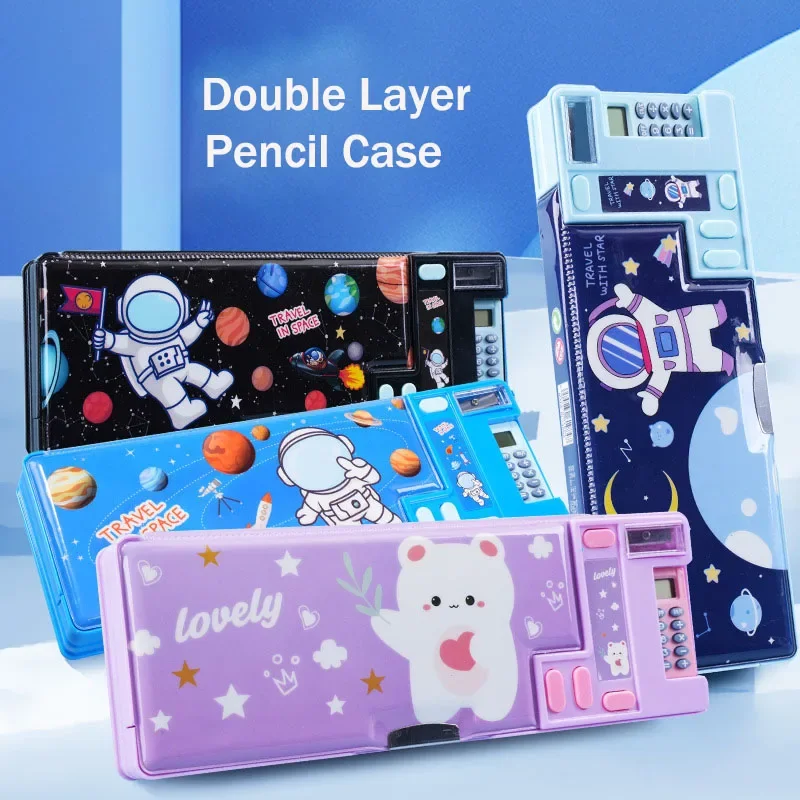 Double Layer Pencil Case Astronaut/Animal Design Pencil Sharpener Pencil Box Plastic With Calculator Stationery Organizer