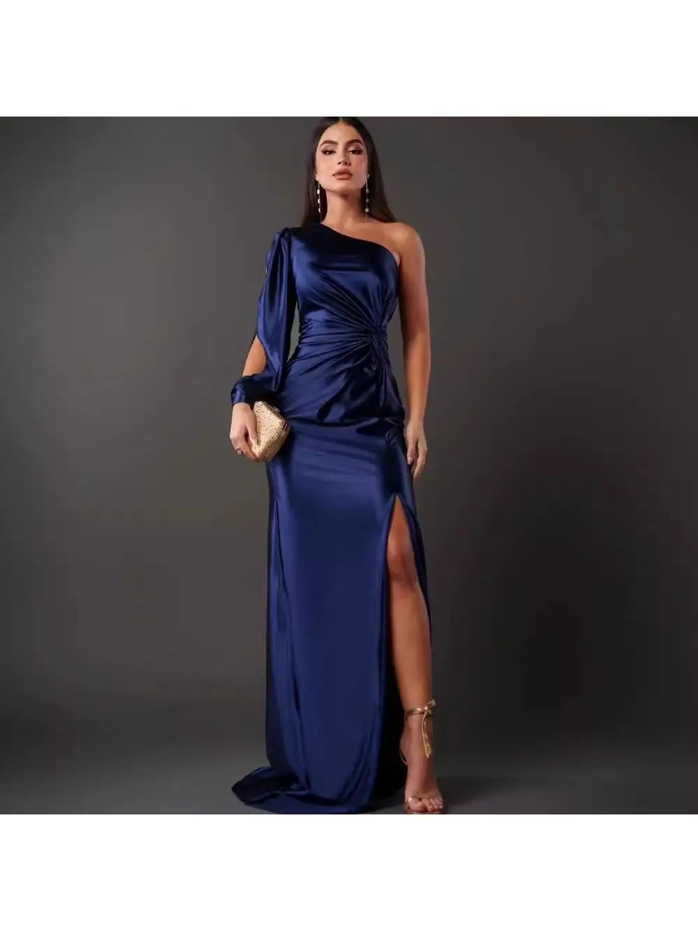 セクシーなロングスリットスカート レディースファッション ギャザーウエスト サイドスリット ショルダーインサートスリーブ 斜め襟 エレガントなレディスタイル ロングドレス