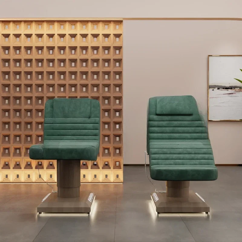 

-Для Yayou, горячая распродажа, текстура древесины со светодиодной подсветкой для ног, изумрудно-зеленый бархат, 3 двигателя, электрическая массажная кровать для лица