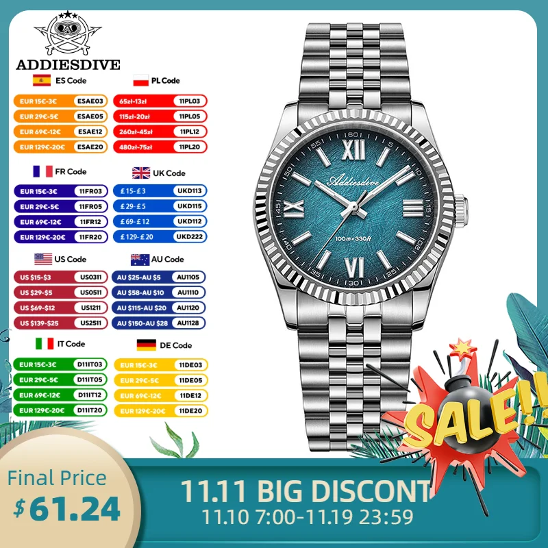 Addiesdive جديد ساعة رجالي الياقوت الزجاج VH31 ساعات كوارتز 36 مللي متر التدرج BGW9 مضيئة مقاوم للماء فستان فاخر الساعات AD2512