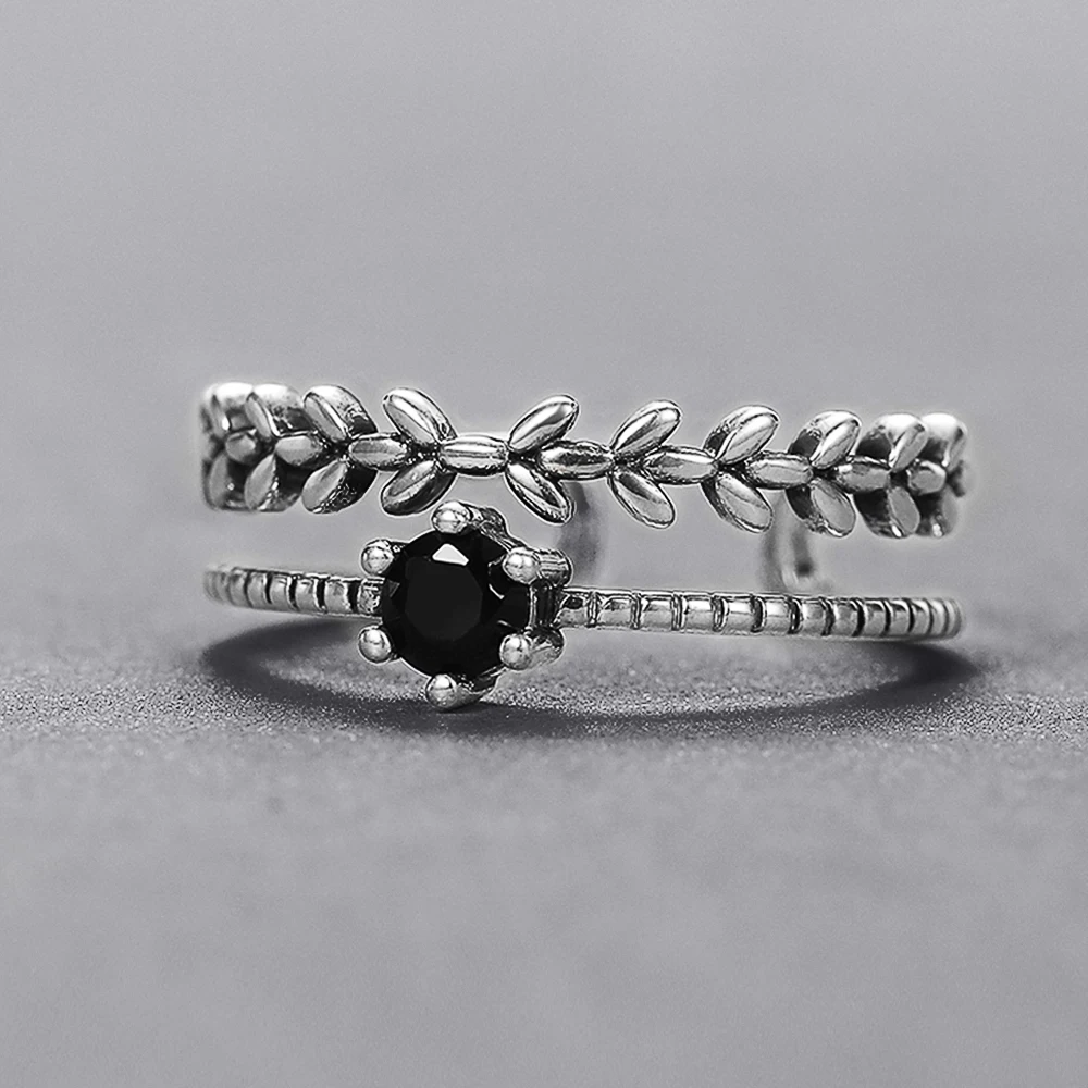 Huitan Antique Silver Color Vintage Adjustable Rings for Women Branch Black Stone Double Layer Opening Rings Fancy Girls Jewelry