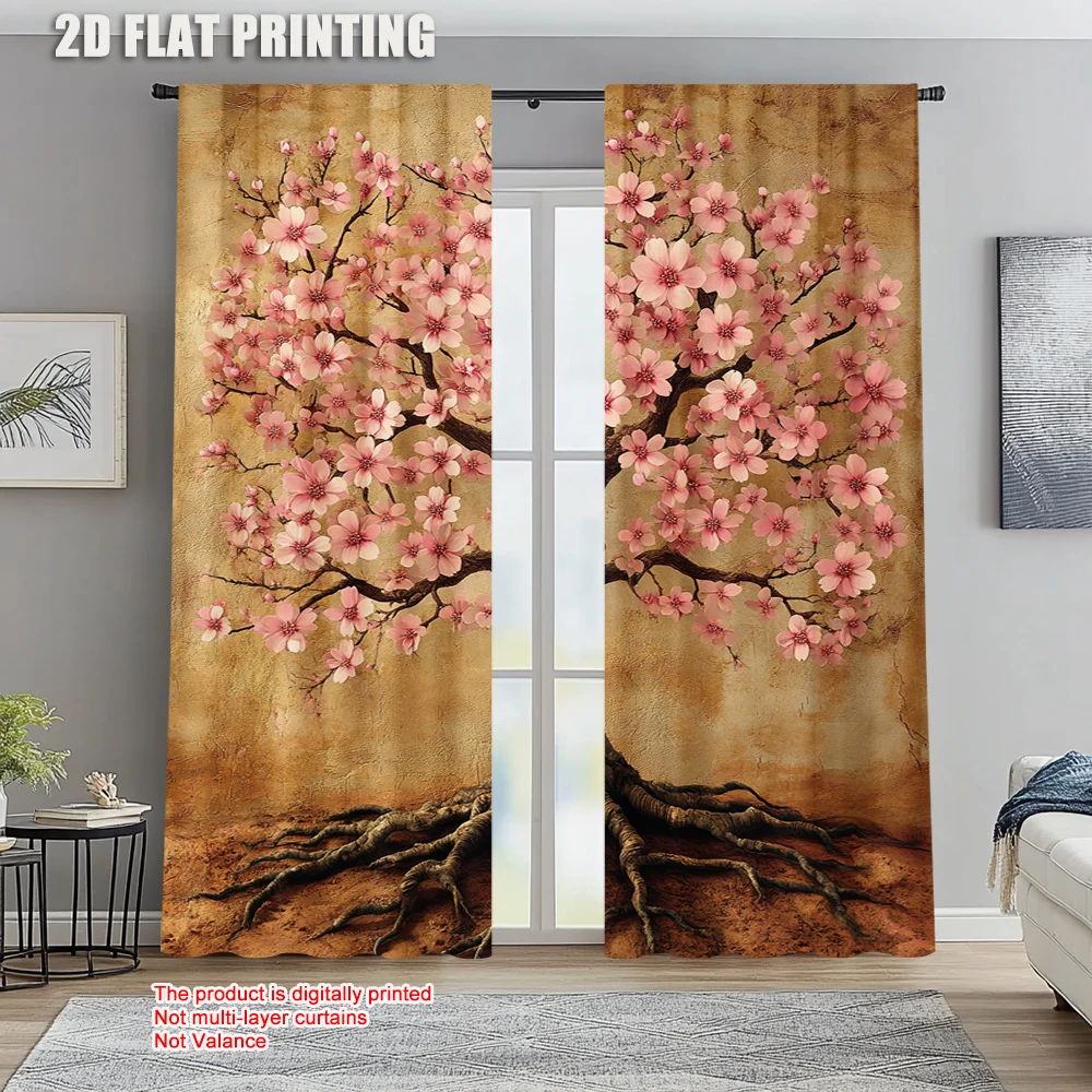 

2pc, Window Curtains Cherry Tree Polyester,Without Electricity Holiday Decorations Use for Holiday Celebrations