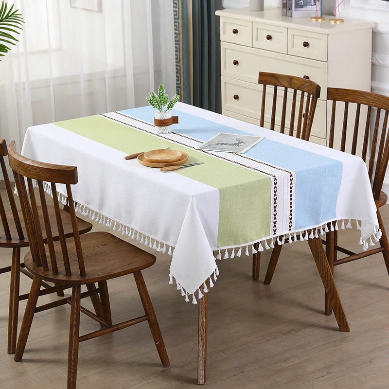 

Rectangular Cotton Linen Tablecloth Patchwork Tassel Dining Table Cloth Coffee Cover Striped