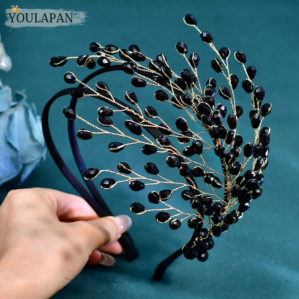 YouLaPan Handmade Golden Branch Black Crystal Headband Sparkly Double Layer Head Hoop Bridal Prom Party Hair Accessory A214 image 5
