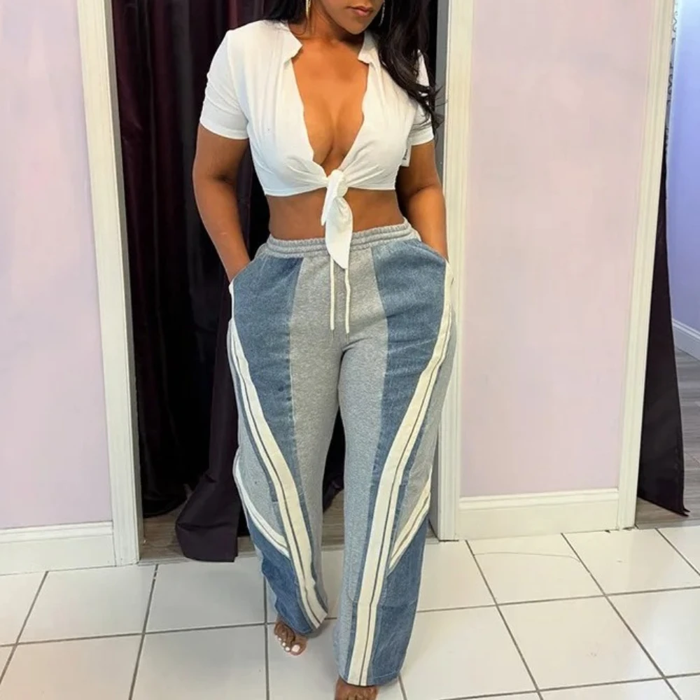 

Цветные лоскутные полосатые принты, свободные повседневные брюки, женские модные прямые брюки с высокой талией и завязками, уличная одежда, спортивные штаны