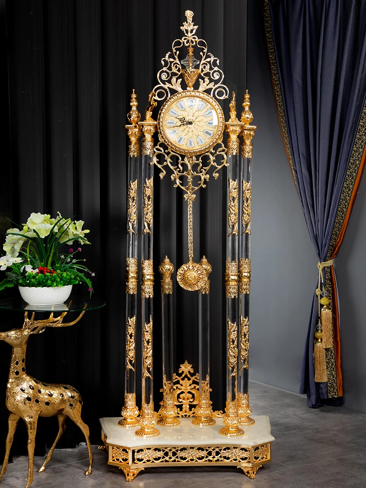Luxury Golden Floor Clock, Antique Style Grandfather Clock Classic Standing Floor Crystal Clock
