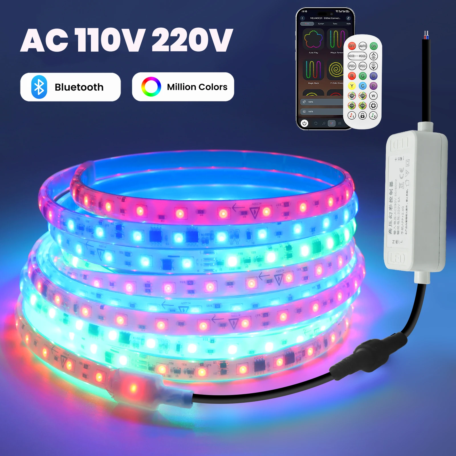 AC110V 220V RGBIC Dream Color Neon Strip 3535 60LED/M Waterproof With 24Key Bluetooth Music IR Controller Home Decor LED Light