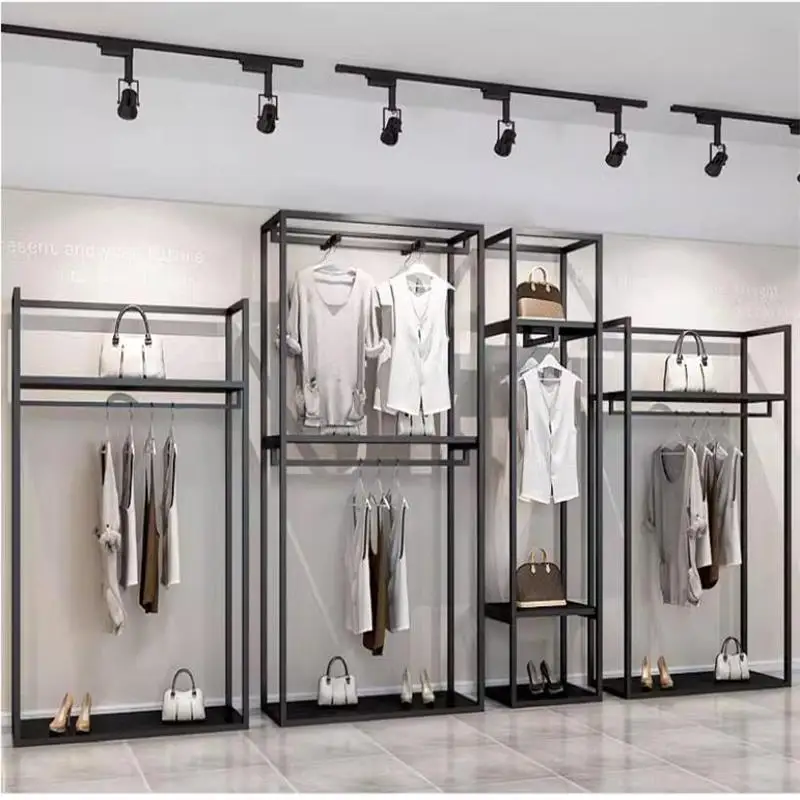 

Clothing store display shelves, wall mounted shelves, iron art display racks, high cabinets, floor mounted clothes racks