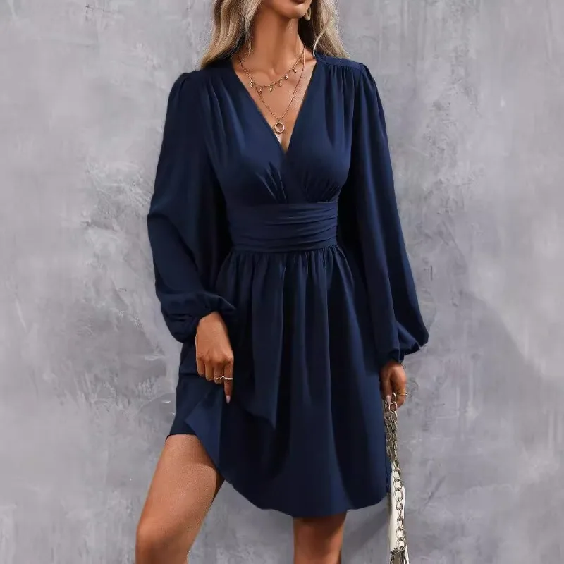 

Women's Clothing 2025 Autumn and Winter New Fashion Casual Temperament Lantern Sleeve Pleated V-neck Dress