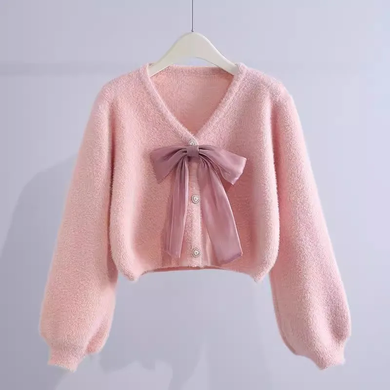 

2024 Spring And Autumn V-Neck Bow Mink Fuzz Short Knitted Cardigan Women Korean Fashion Single-Breasted Sweater Tops Female B461