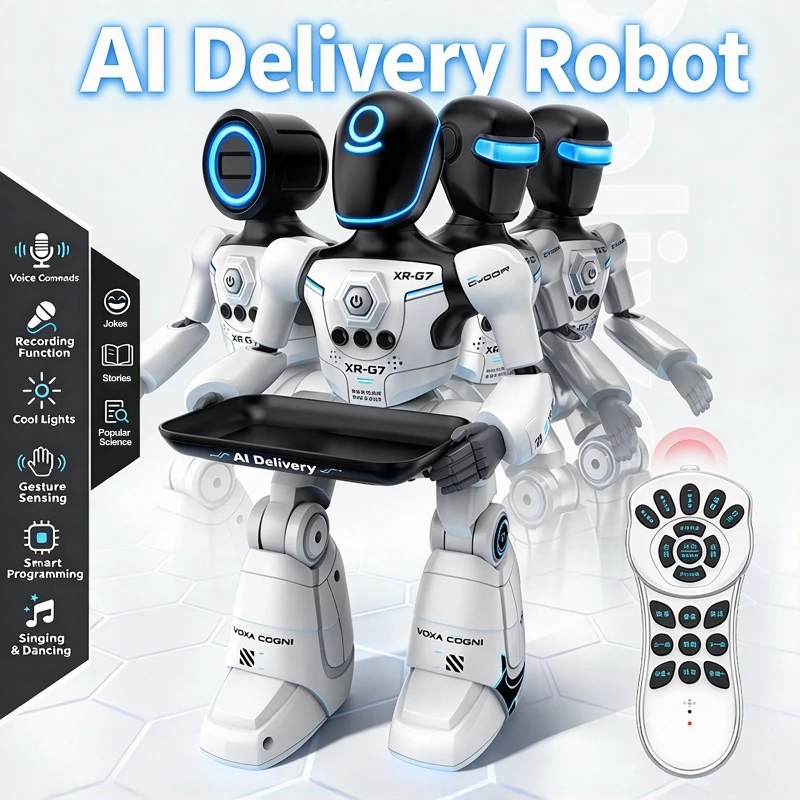 Smart Robot Toy for Kids Voice & Gesture Control Interactive RC Robot LED Lights Multi-Functional Food Delivery Programming