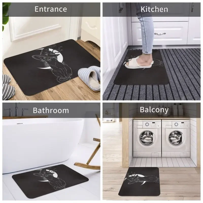 Custom Black Cat With Pointy Witch Hat Doormat Mat Anti-Slip Halloween Night Moon Bathroom Kitchen Toilet Rug Carpet 40*60cm