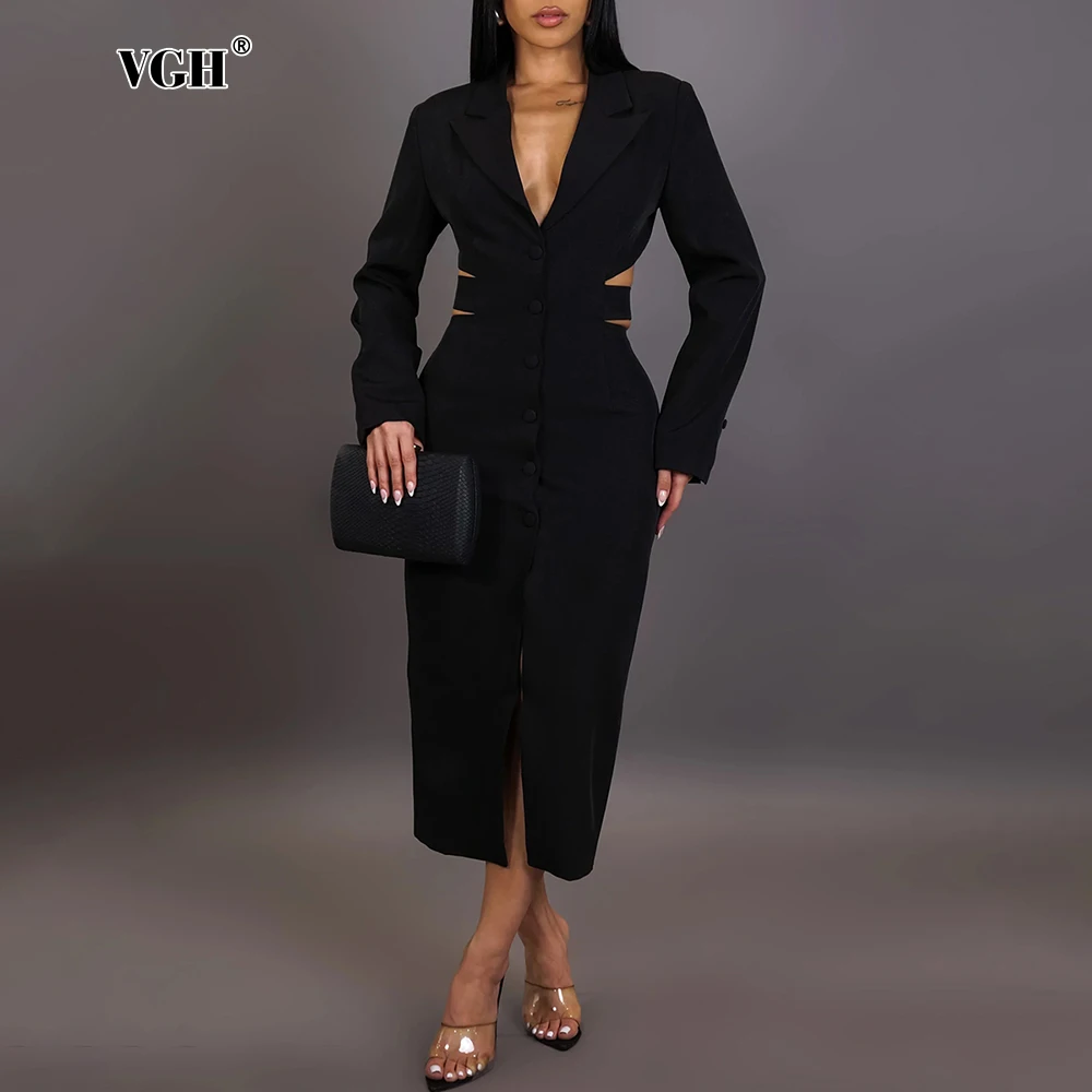 VGH potongan hitam Backless Trench untuk wanita berlekuk kerah lengan panjang disambung kancing pelangsing Blazer mantel wanita gaya Musim Semi