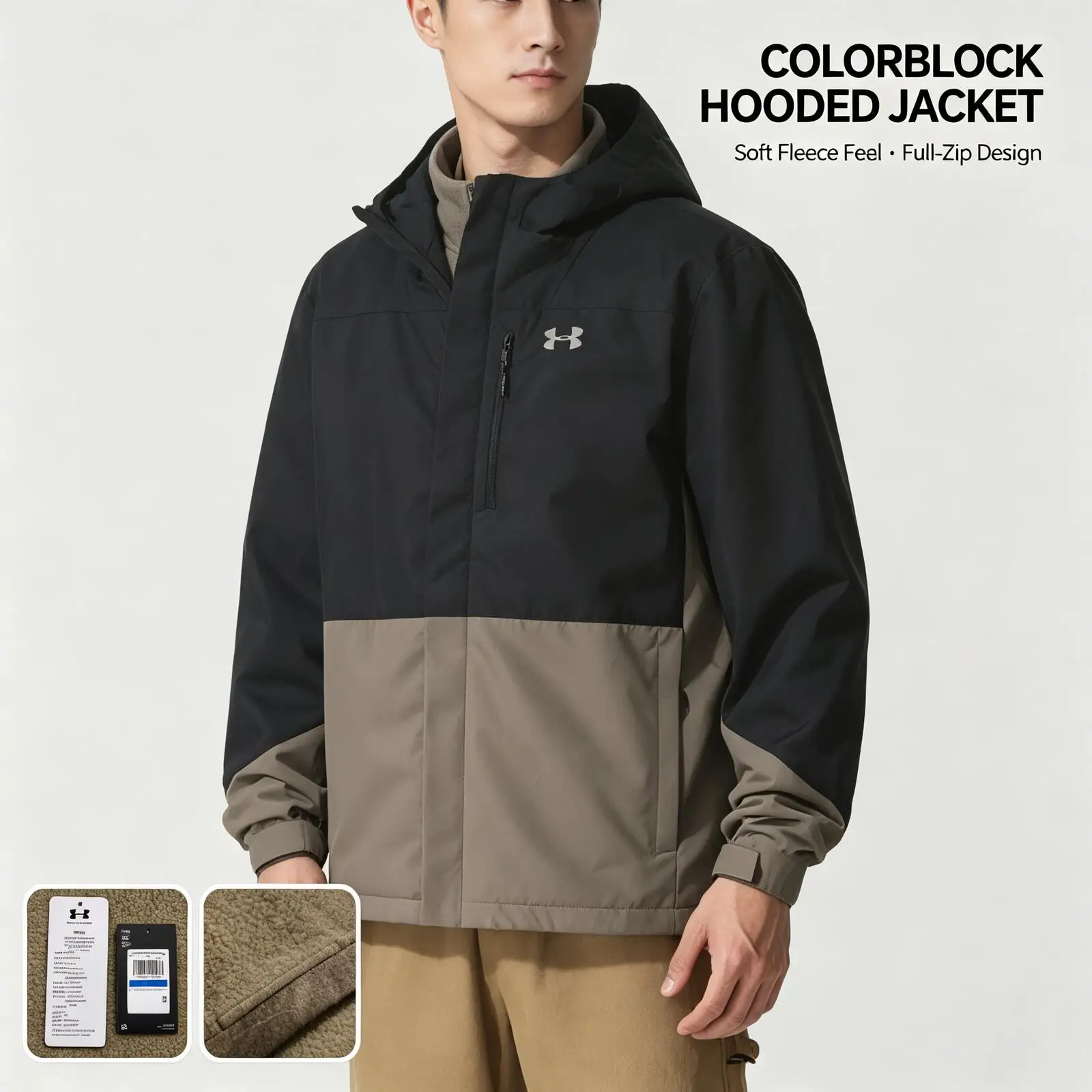 Under Armour Colorblock Hooded Jacket for Women Men Soft Fleece Feel Full-Zip Up Jacket Relaxed Fit Casual Outdoor Streetwear