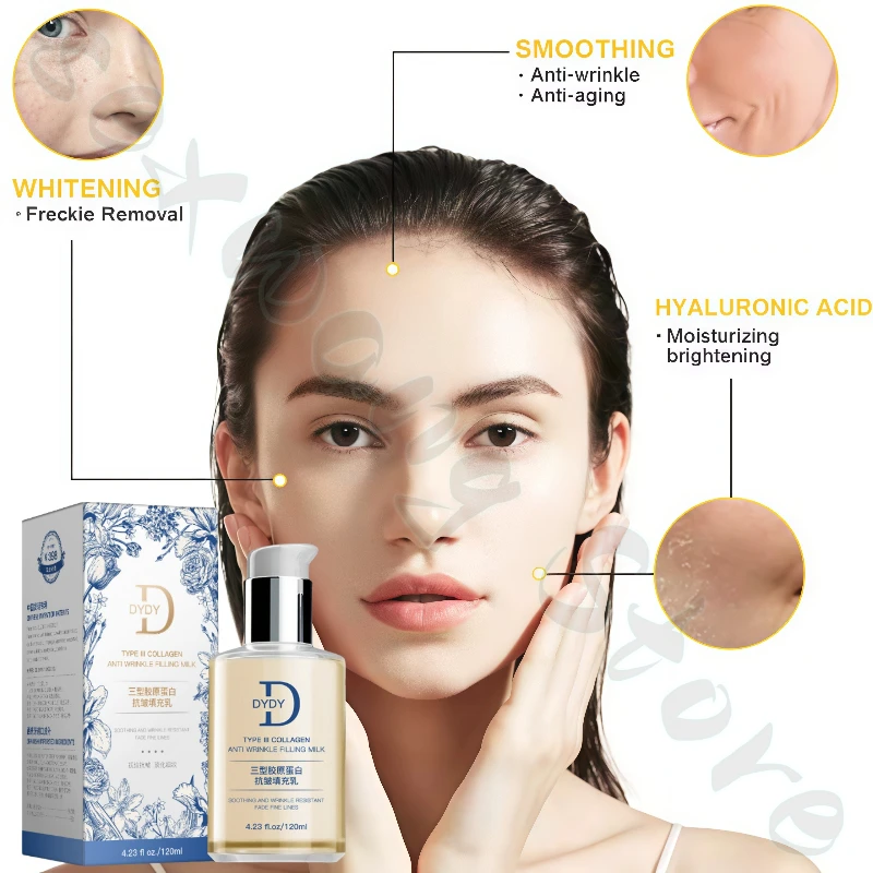 DYDY – lait de remplissage au collagène à trois types, 120ml, raffermissant, éclaircissant, ridules, améliore le visage, peau hydratante rugueuse