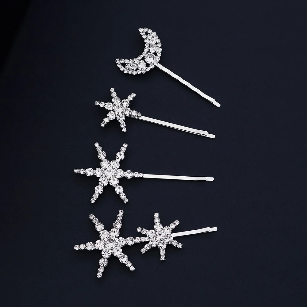 4PK/Set Star Moon Crystal Kids Hair Clips For Girls Fashion Jewelry Hair Accessories Party Performance Rhinestone Hairpin